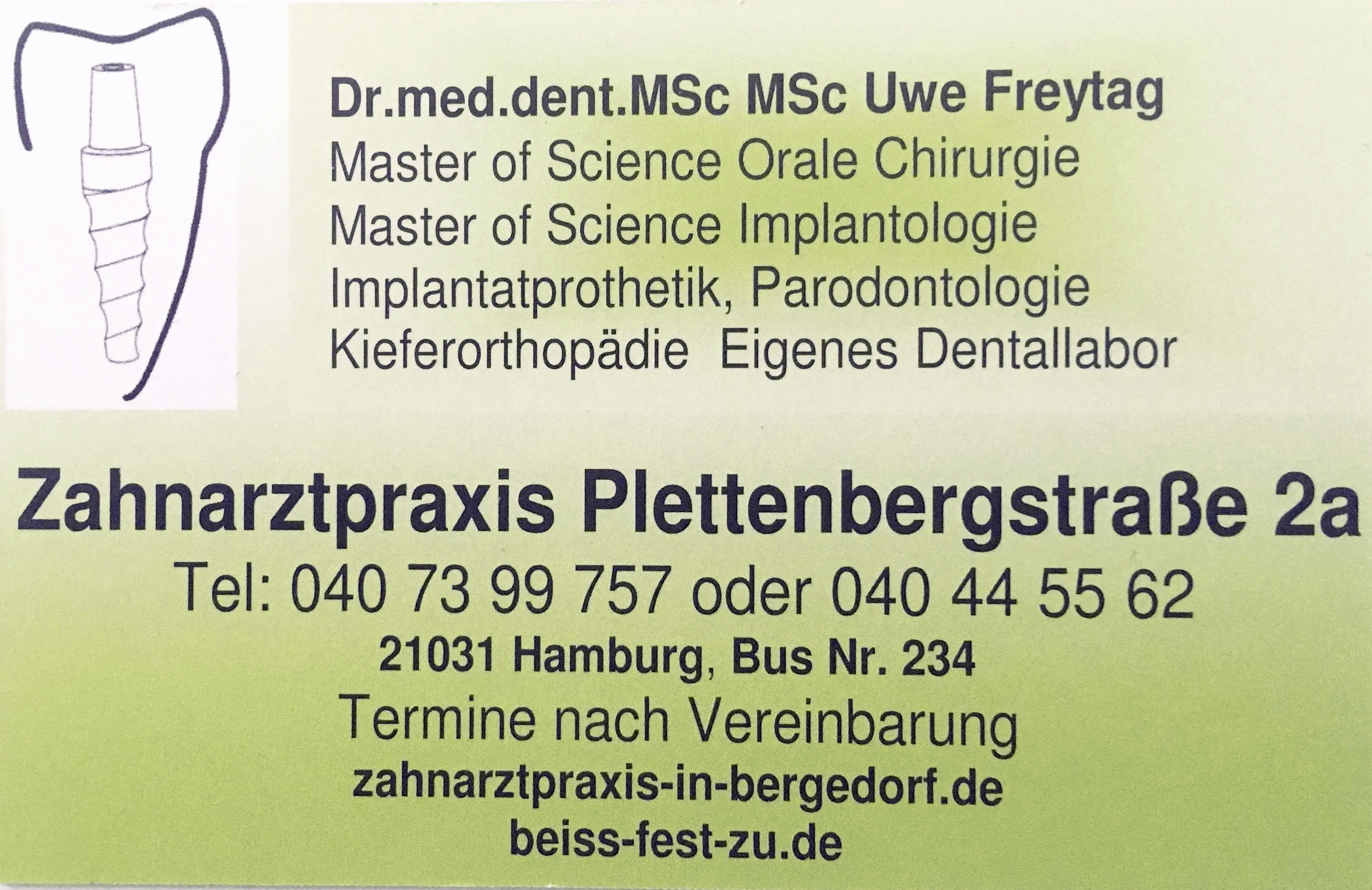 Zahnarzt Bergedorf / Lohbrügge Dr. Freytag Oralchirurg
Praxis-Klinik Bergedorf, Alte Holstenstr. 2, 21031 Hamburg Bergedorf zahnarzt.hamburg@web.de
Zahnstation